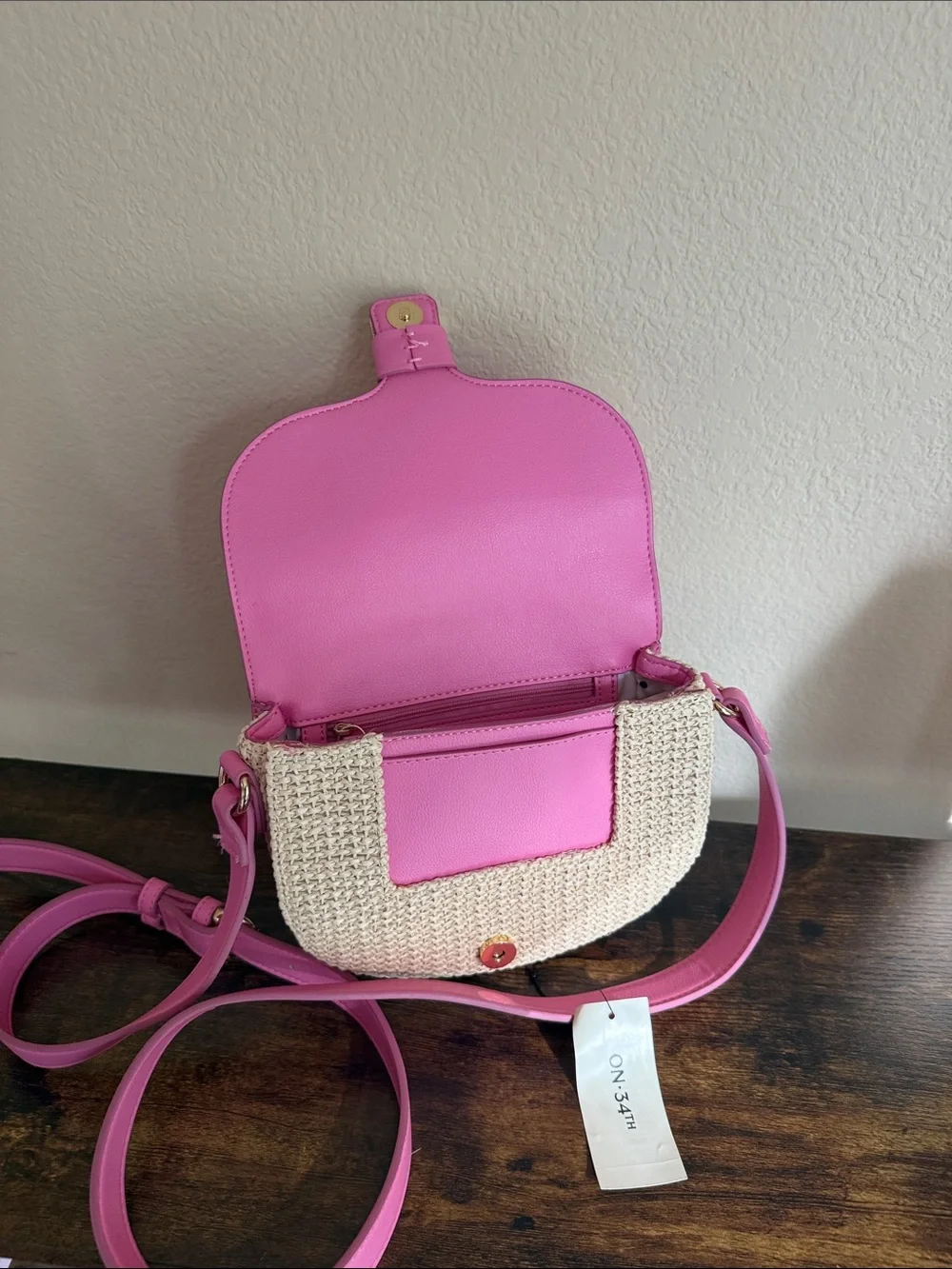 Pink Woven Crossbody Bag with Faux Leather Trim